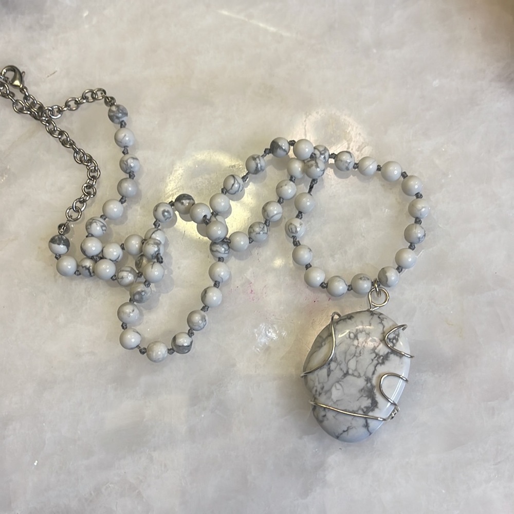 -CECILIA-Genuine Howlite natural stone with silver tone wire wrap pendant